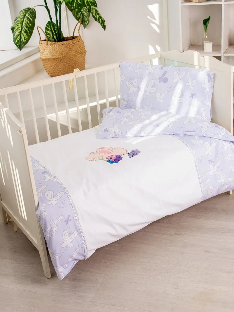 Плед Жирафы + ясельное постельное белье Baby Time сатин с аппликацией Зайчик с бабочкой