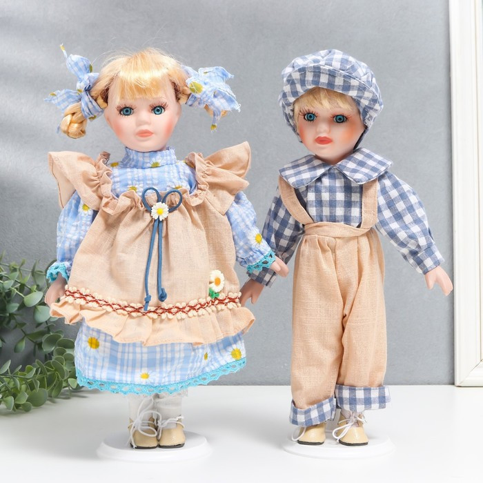 Кукла коллекционная парочка "Лиза и Коля, наряды в ромашку" набор 2 шт 30 см - фото 1 - id-p185825845