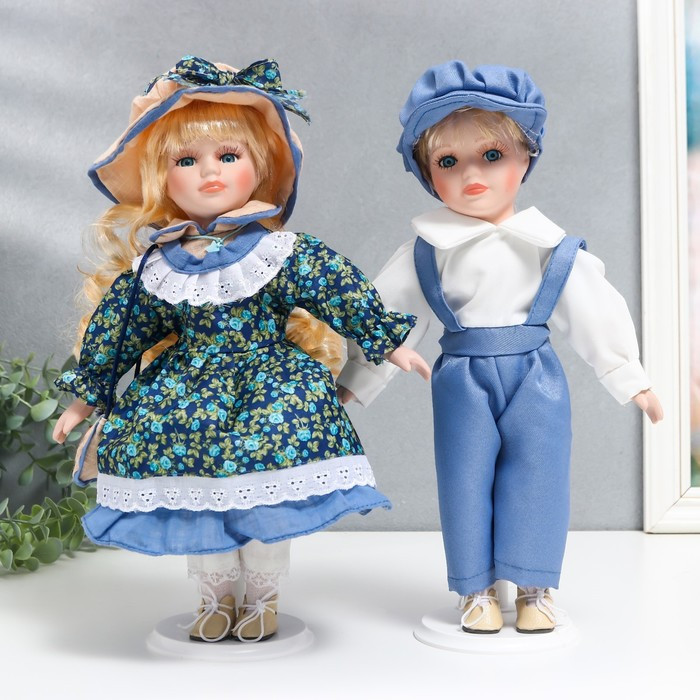 Кукла коллекционная парочка "Аня и Толя, наряды розочки на синем" набор 2 шт 30 см - фото 1 - id-p185825846