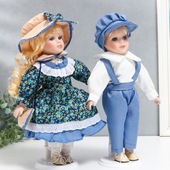 Кукла коллекционная парочка "Аня и Толя, наряды розочки на синем" набор 2 шт 30 см - фото 2 - id-p185825846