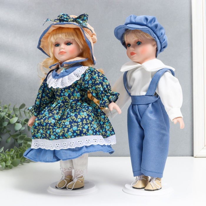 Кукла коллекционная парочка "Аня и Толя, наряды розочки на синем" набор 2 шт 30 см - фото 3 - id-p185825846