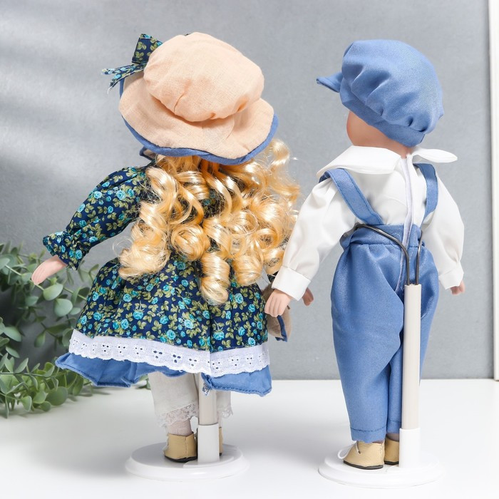 Кукла коллекционная парочка "Аня и Толя, наряды розочки на синем" набор 2 шт 30 см - фото 4 - id-p185825846