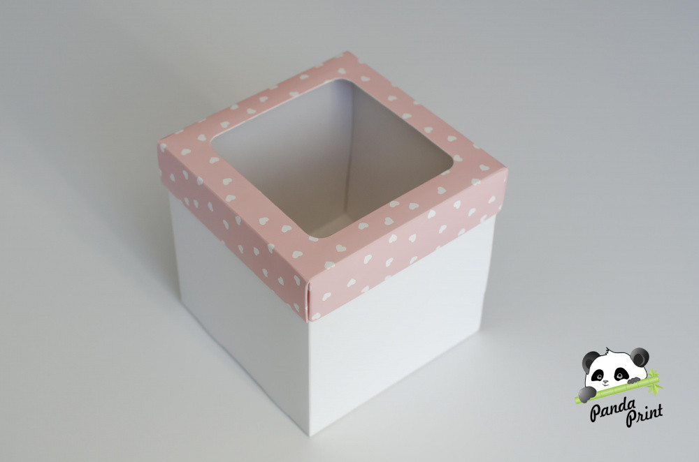 Коробка с прозрачным окном 150х150х150 Сердечки белые на розовом (белое дно)