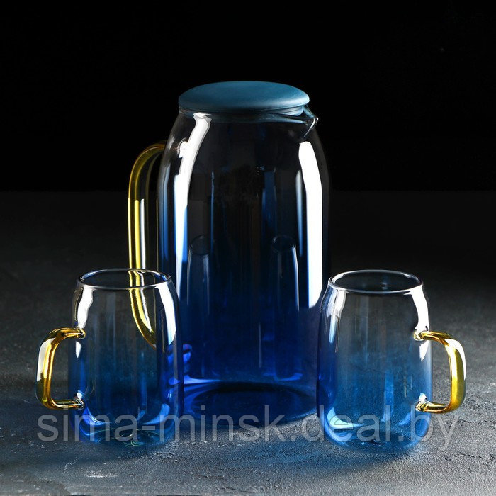 Набор питьевой из стекла «Модерн», 3 предмета: кувшин 1,5 л, 2 кружки 300 мл, цвет синий - фото 1 - id-p185965283