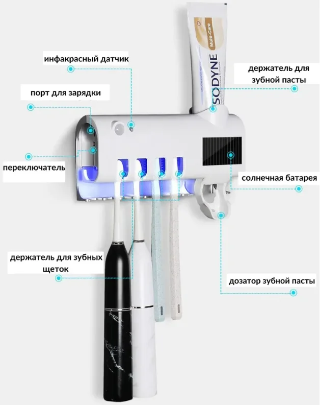 Держатель для зубных щеток с ультрафиолетовой дезинфекцией и дозатор зубной пасты Toothbrush sterilizer - фото 3 - id-p186000481