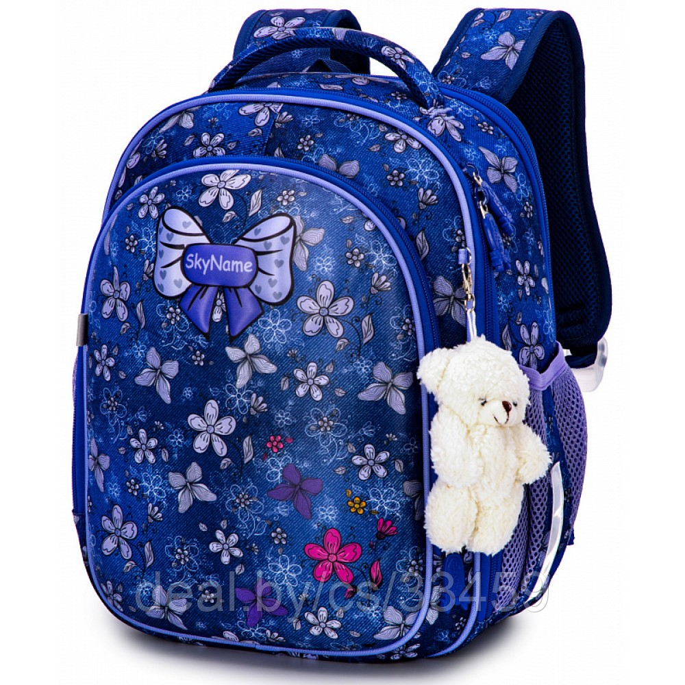 Ранец школьный SkyName Фиолетовые бабочки Брелок Мишка в подарок Ортопедическая спинка