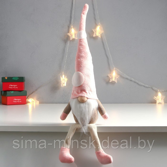Кукла интерьерная "Дед Мороз в розовом колпаке с кружочками" длинные ножки 56х13х9 см - фото 1 - id-p186288625
