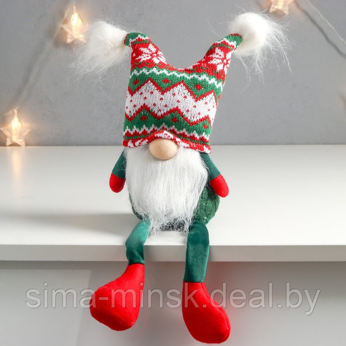 Кукла интерьерная "Дед Мороз в шапке с зелёными узорами, с бомбошками" 41х13х10 см - фото 1 - id-p186288627