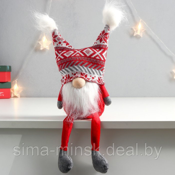 Кукла интерьерная "Дед Мороз в шапке с красными узорами, с бомбошками" 41х13х10 см - фото 1 - id-p186288628