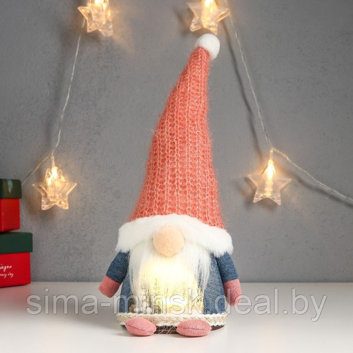 Кукла интерьерная свет "Дед Мороз в розовом вязаном колпаке" 32х12х11 см - фото 1 - id-p186288630