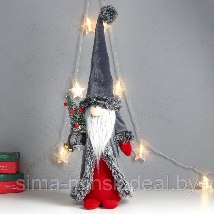 Кукла интерьерная "Дед Мороз с ёлкой в мешке, серая бархатная шуба" 51х18х18 см - фото 1 - id-p186288659