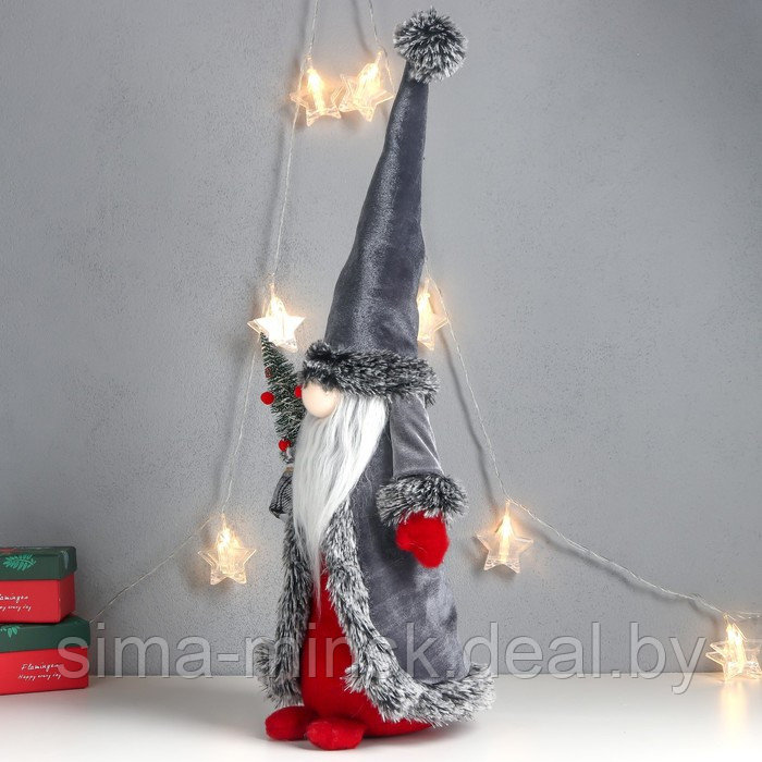 Кукла интерьерная "Дед Мороз с ёлкой в мешке, серая бархатная шуба" 51х18х18 см - фото 3 - id-p186288659