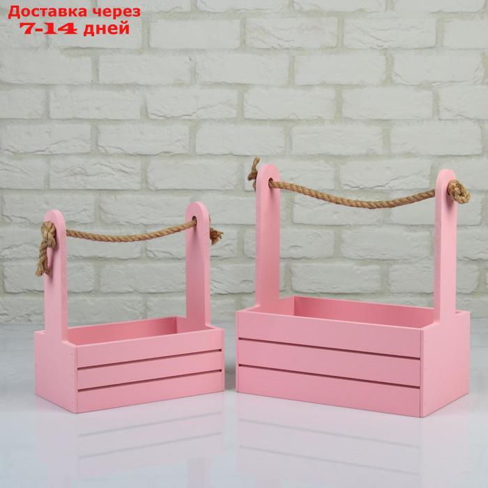 Набор кашпо деревянных 2 в 1 (25×15×30; 21×12×23 см) "Dear", ручка канат, розовый - фото 1 - id-p165679979