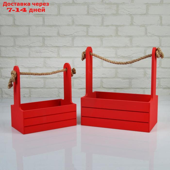 Набор кашпо деревянных 2 в 1 (25×15×30; 21×12×23 см) "Dear", ручка канат, красный