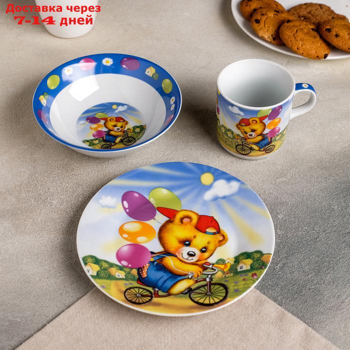 Набор детской посуды Доляна "Мишка на велосипеде", 3 предмета: кружка 230 мл, миска 400 мл, тарелка 18 см - фото 1 - id-p156245812