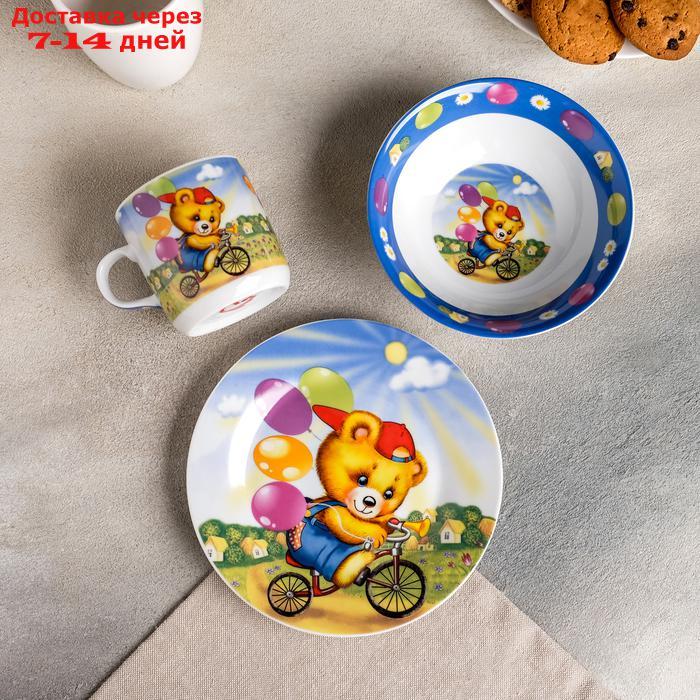Набор детской посуды Доляна "Мишка на велосипеде", 3 предмета: кружка 230 мл, миска 400 мл, тарелка 18 см - фото 2 - id-p156245812