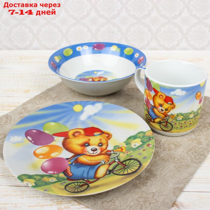 Набор детской посуды Доляна "Мишка на велосипеде", 3 предмета: кружка 230 мл, миска 400 мл, тарелка 18 см - фото 3 - id-p156245812
