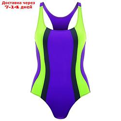Купальник для плавания сплошной, ярко фиолетовый/неон зеленый/тёмно-серый, размер 34