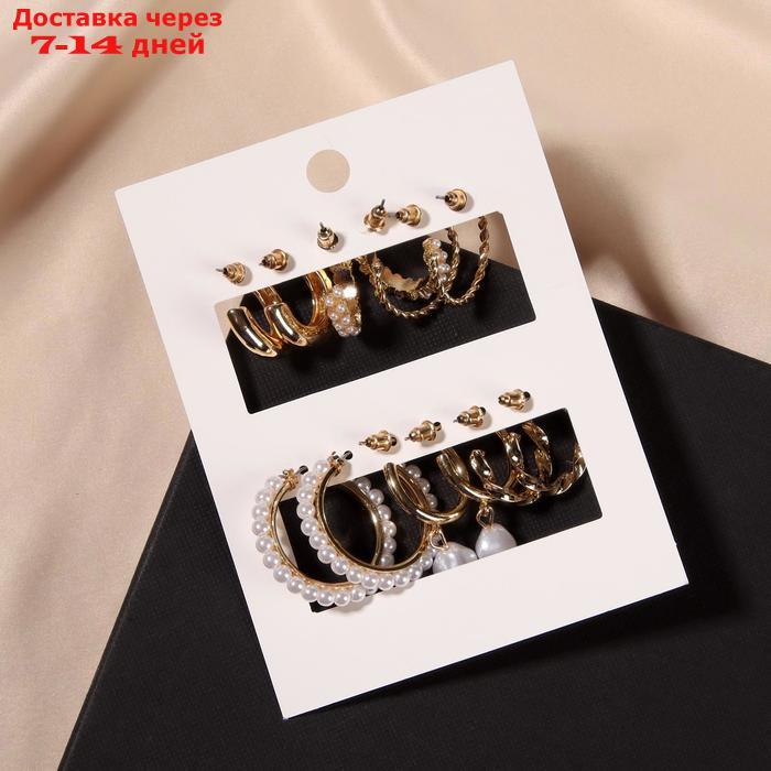 Серьги-кольца набор 6 пар "Жемчужные" с подвесками, цвет белый в золоте - фото 2 - id-p177913659