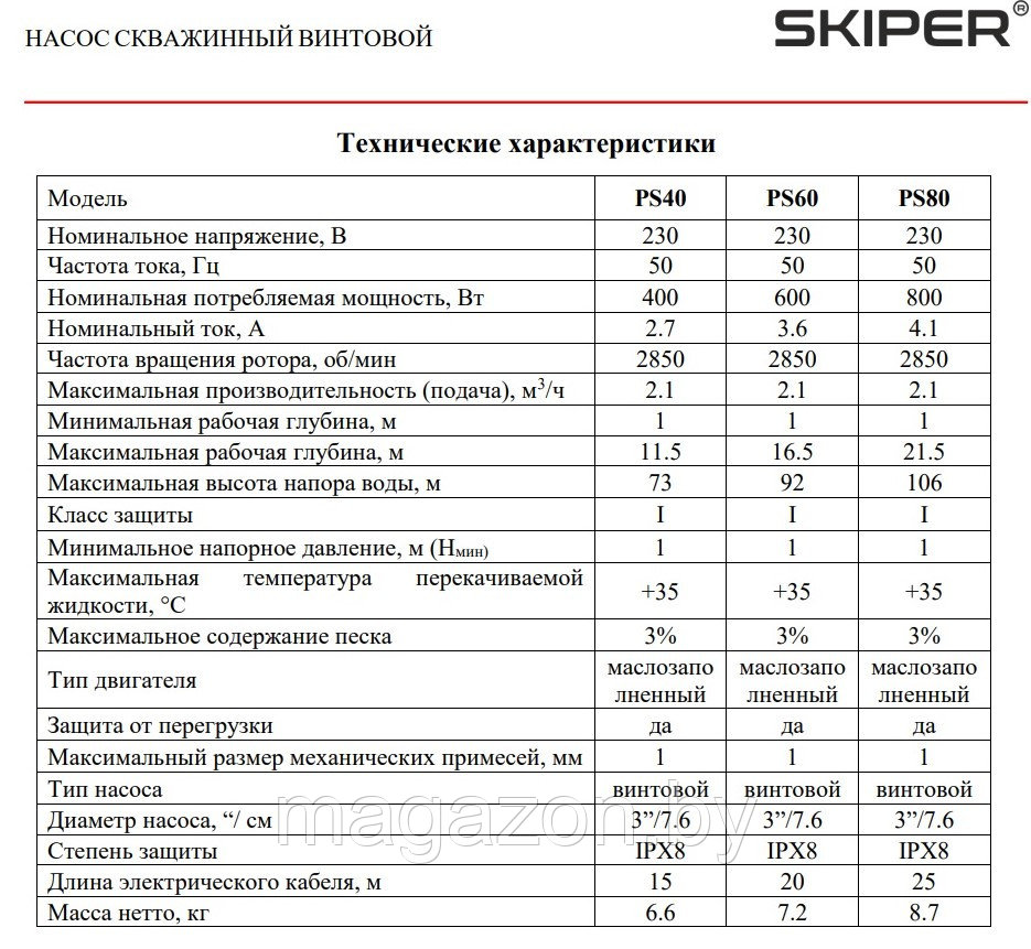 Насос скважинный винтовой SKIPER PS40 (400 Вт, 2,1м3/ч, 73м, винтовой, 3"/ 7.5 см) - фото 2 - id-p186693272