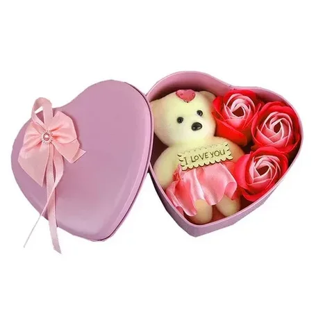 Уценка Набор мыльных роз в металлической коробке сердце с мишкой, 3 шт (розовый), фото 2