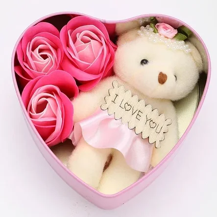Уценка Набор мыльных роз в металлической коробке сердце с мишкой, 3 шт (розовый), фото 2