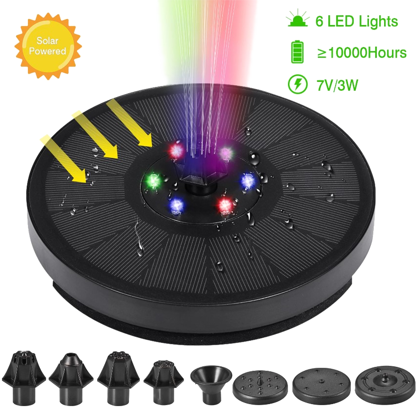 Фонтан на солнечной батарее, цветной садовый декор, 6 фонарей, влагозащита IP68 - фото 1 - id-p186760994