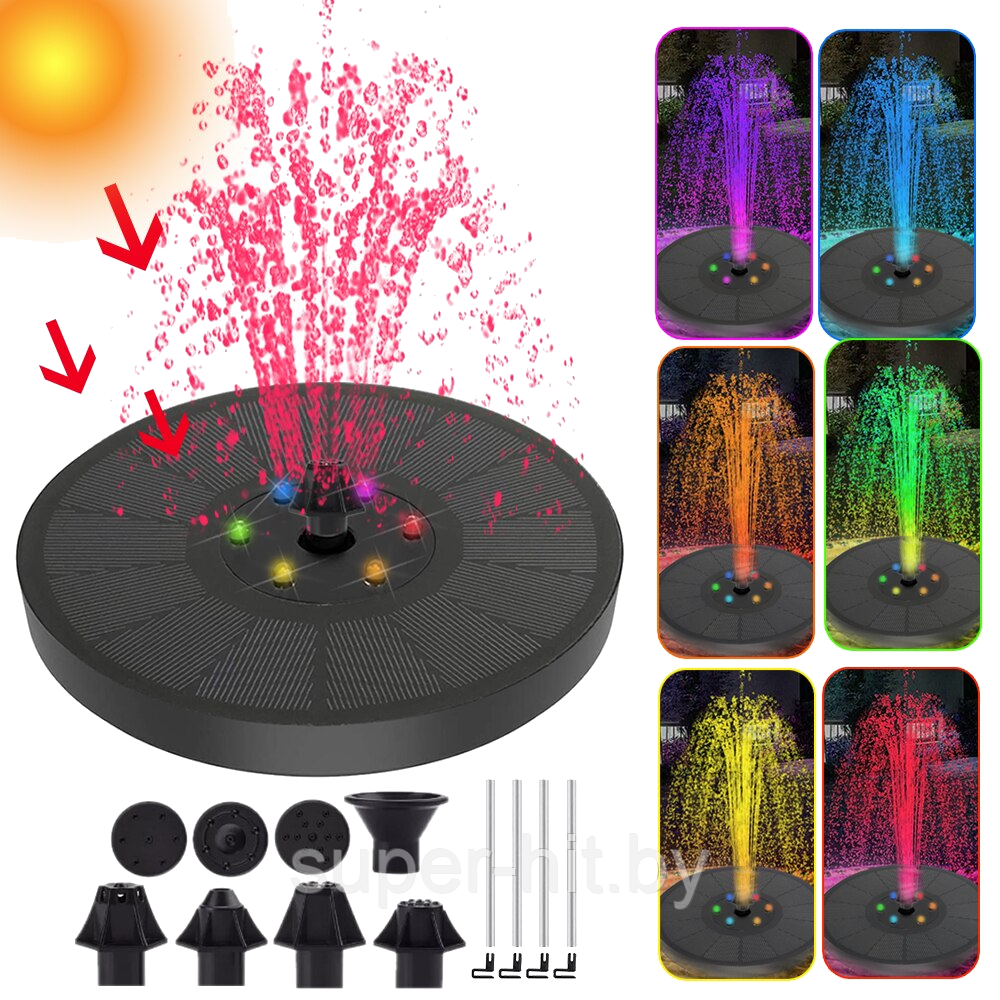 Фонтан на солнечной батарее, цветной садовый декор, 6 фонарей, влагозащита IP68 - фото 2 - id-p187056644
