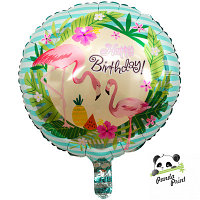Шар фольгированный (18"/46 см) Круг, Happy Birthday, фламинго