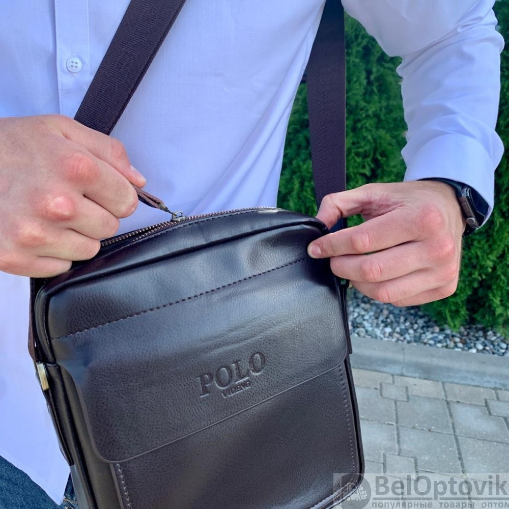 Стильная мужская сумка Polo Videng с плечевым ремнём темно коричневая - фото 2 - id-p187156787