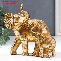 Сувенир полистоун "Слон со слонёнком с розами на попоне" золотой 19,5х10х19 см