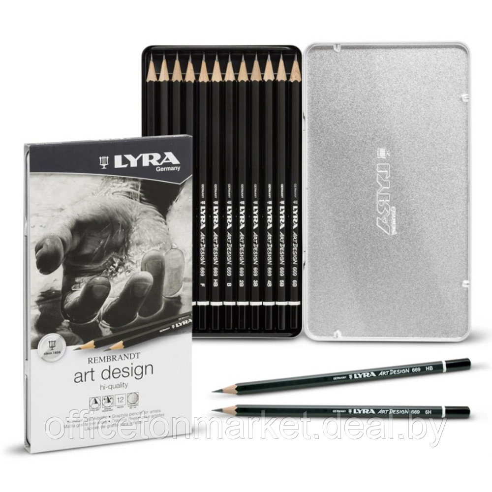 Набор карандашей чернографитных LYRA "ART Design", 6B-4H, 12 шт., в металлическом футляре - фото 1 - id-p187335270