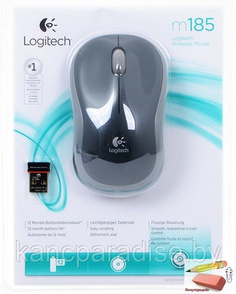 Мышь оптическая беспроводная Logitech Wireless Mouse M185 - SWIFT GREY, USB, серая, арт.910-002238