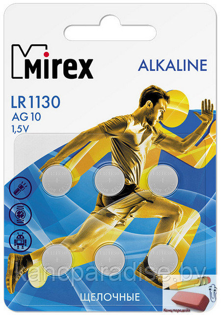 Батарейка щелочная Mirex LR1130 (AG10), 1,5V, 6 штук, цена за 1 штуку - фото 1 - id-p187465231