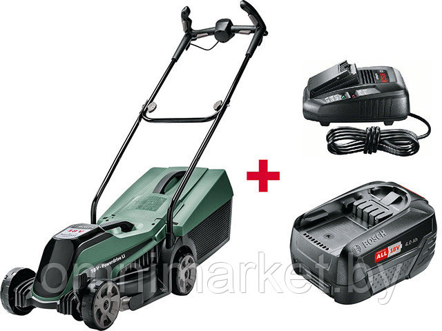 Газонокосилка аккумуляторная BOSCH CityMower 18 (18.0 В, 1 акк., 4.0 А/ч, Li-Ion, шир. 340 мм, выс. 30-60 мм,