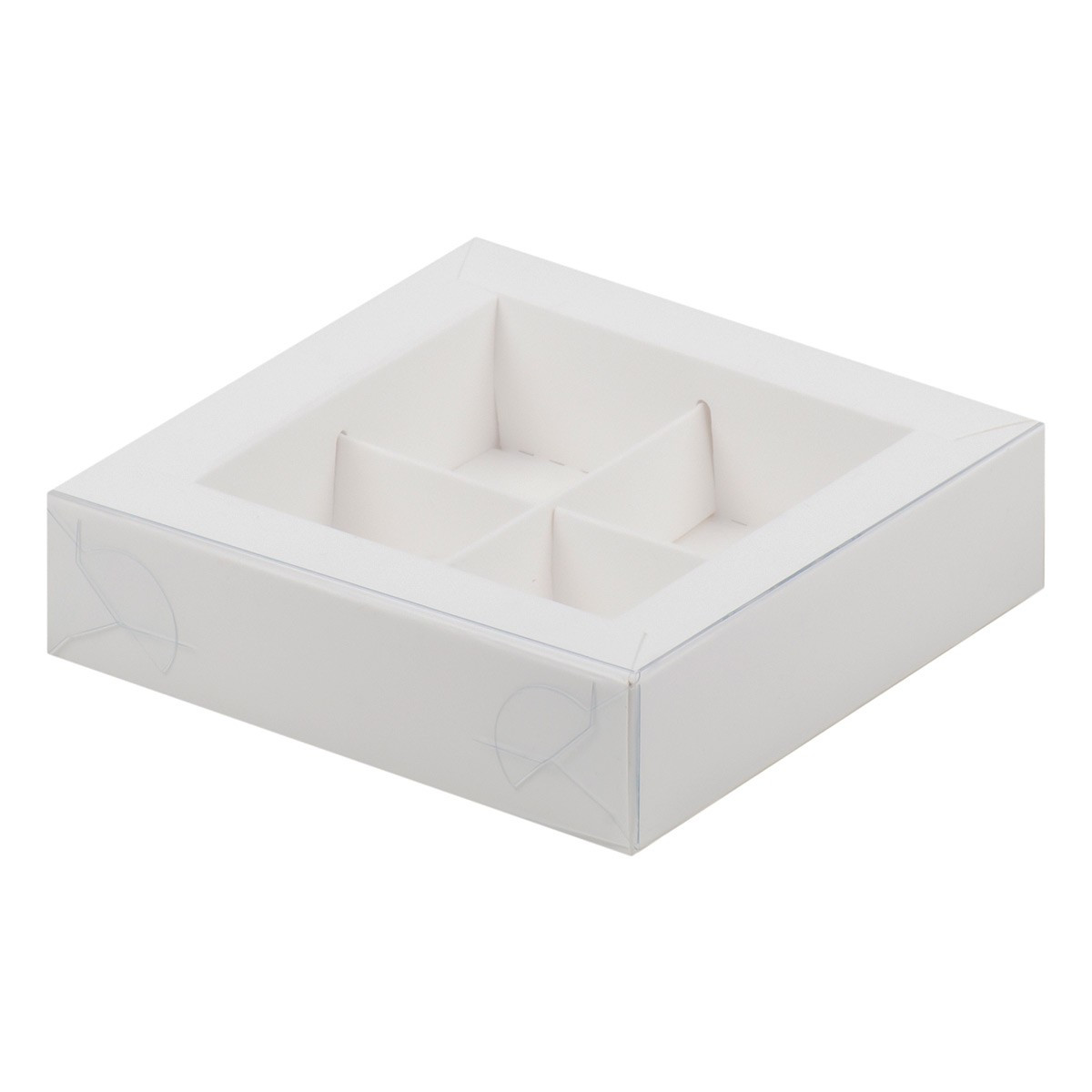 Коробка для 4 конфет с пластиковой крышкой белая (Беларусь,120х120х30 мм) 051001