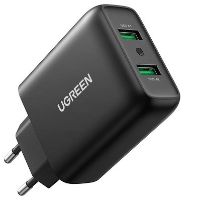 Сетевое зарядное устройство UGREEN CD161-10216, 2x USB-A, QC 3.0 36W, черное - фото 1 - id-p187622797