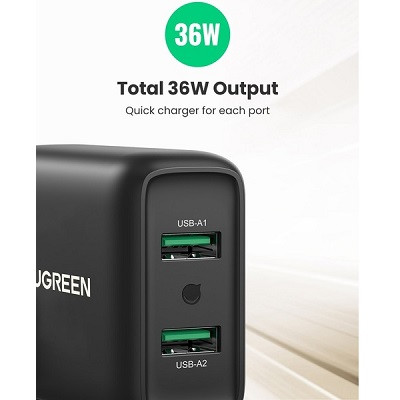 Сетевое зарядное устройство UGREEN CD161-10216, 2x USB-A, QC 3.0 36W, черное - фото 3 - id-p187622797