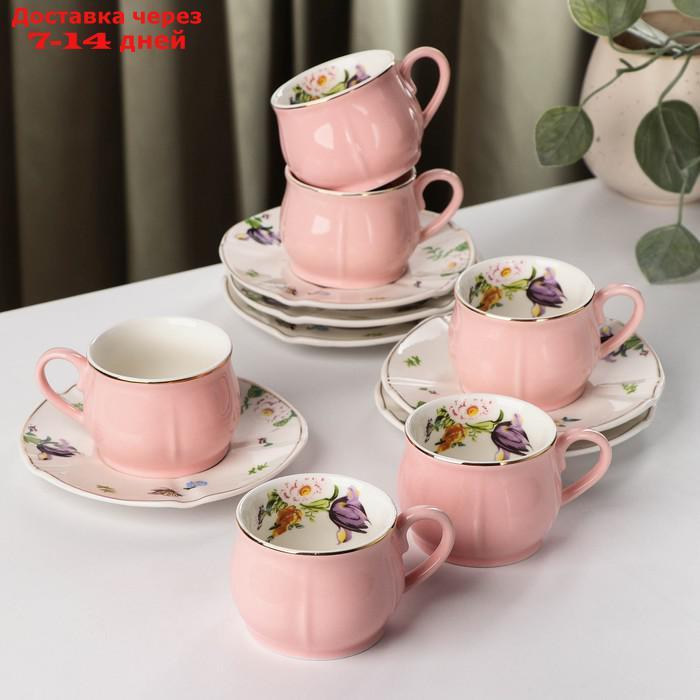 Сервиз кофейный "Сирена", 12 предметов: 6 чашек 100 мл, 6 блюдец 12 см, цвет розовый - фото 1 - id-p187751143