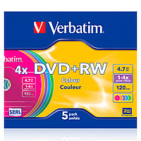 Диск Verbatim "Slim Colours", DVD+RW , 4.7 гб, тонкий футляр (slim case), 5 шт