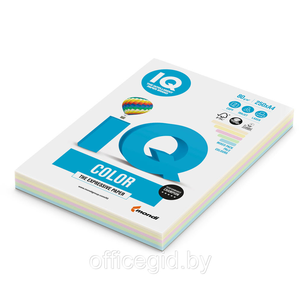 Бумага цветная "IQ Color", A4, 250 листов, 80 г/м2, mix pastel