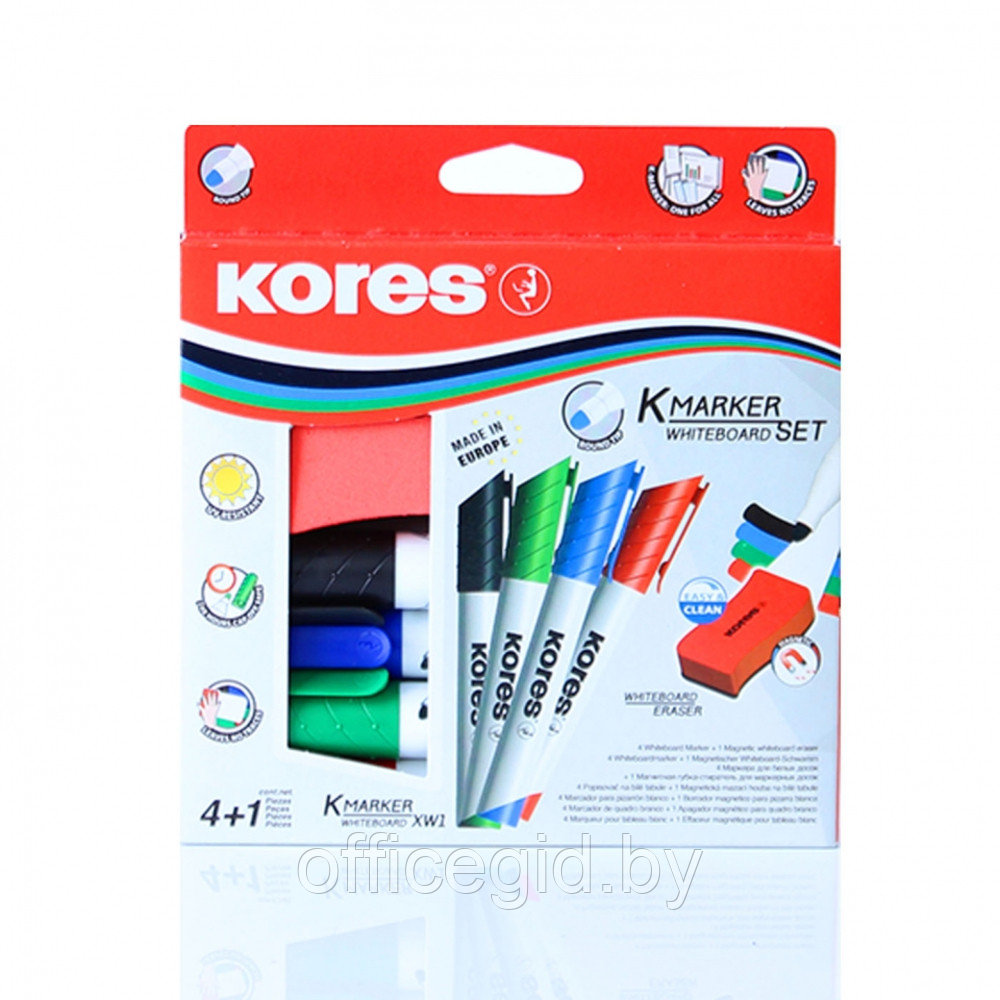 Набор маркеров для доски "Kores", 4 шт, с щеткой, ассорти - фото 1 - id-p180056653
