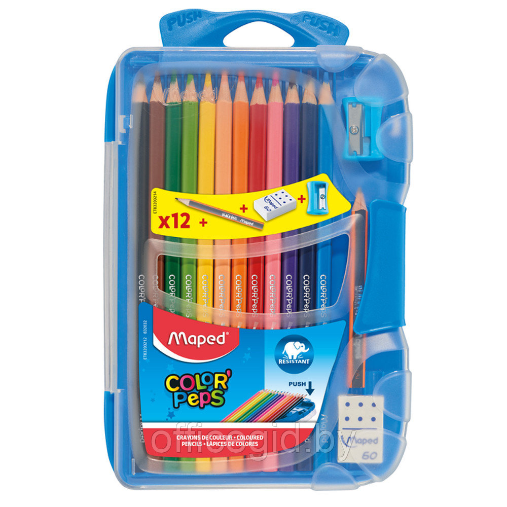 Цветные карандаши "Color Peps" + точилка + ластик + простой карандаш, 12 цветов