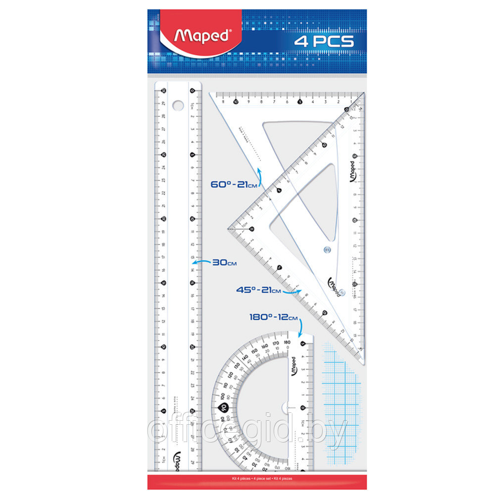 Набор чертежный "Maped": линейка 30 см, треугольник 45 и 60 гр, транспортир 180 гр, прозрачный