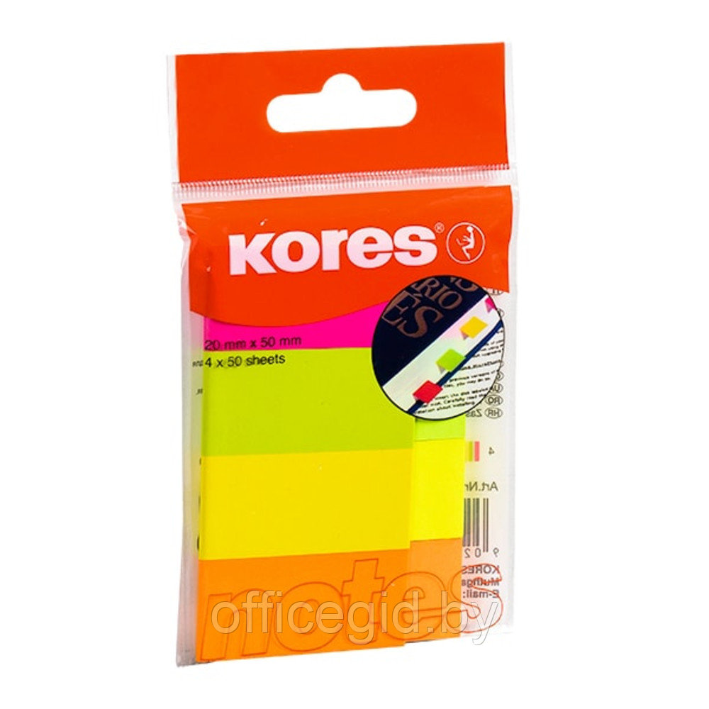 Закладки бумажные клейкие "Kores Notes", 20x50 мм, 200 шт, ассорти - фото 1 - id-p180055949