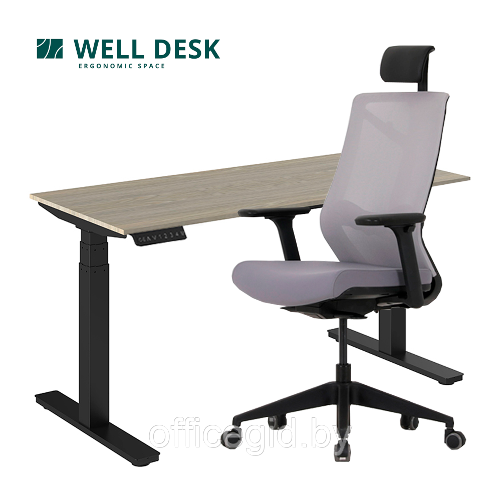 Комплект мебели "Welldesk": cтол двухмоторный, черный, столешница сосна натуральная + кресло "Nature ll" - фото 1 - id-p180586156