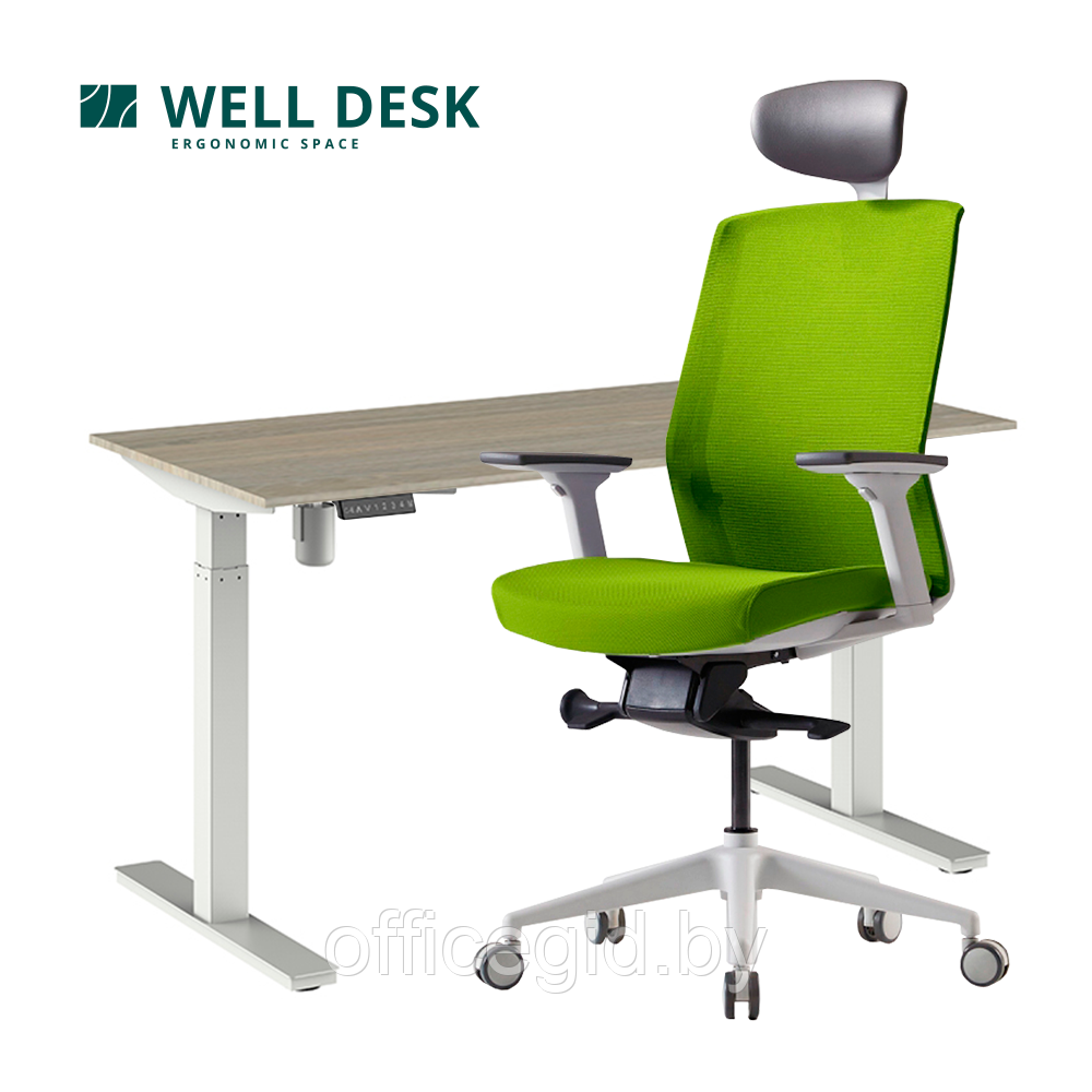 Комплект мебели "Welldesk": cтол одномоторный, белый, столешница сосна натуральная + кресло "BESTUHL J1"