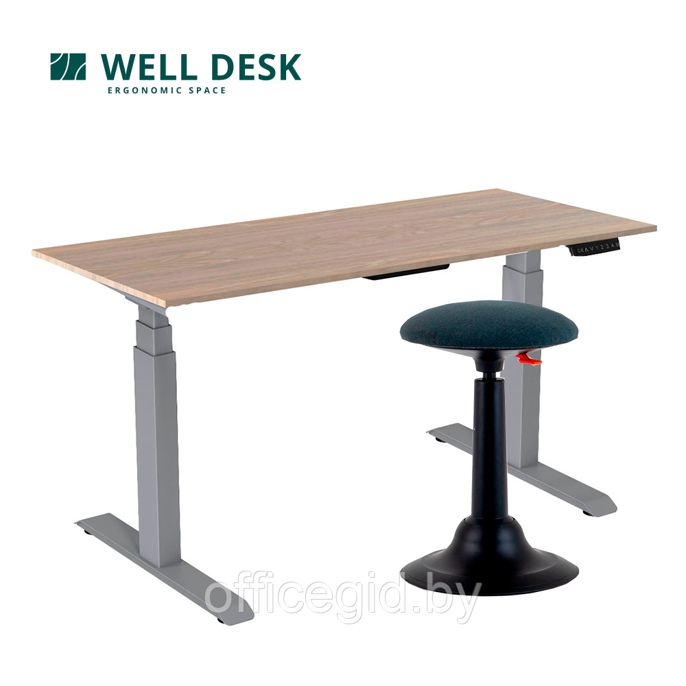 Комплект мебели "Welldesk": cтол двухмоторный Bluetooth, серый, столешница ясень шимо + стул для активного