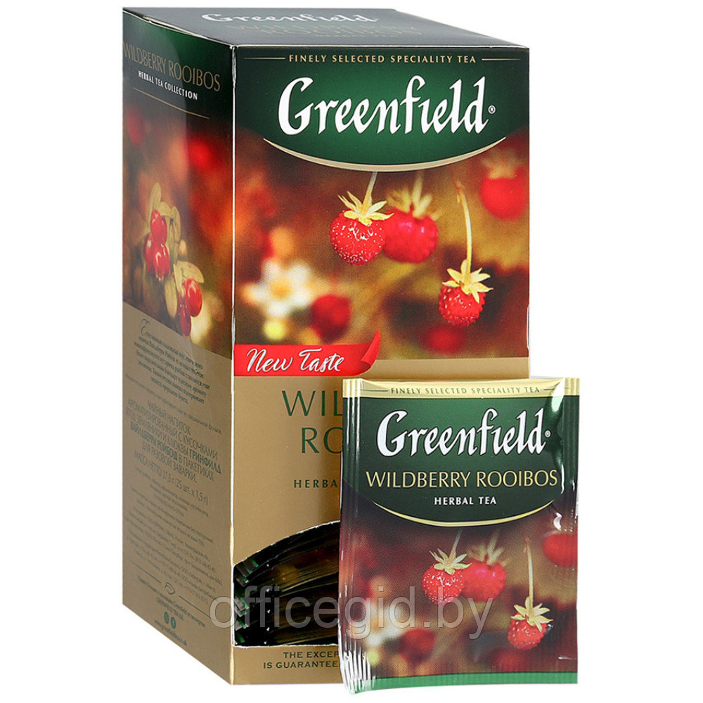 Чай "Greenfield" Wildberry Rooibos, 25 пакетиков x1.5 г, черный, с кусочками земляники и клюквы - фото 1 - id-p180055690