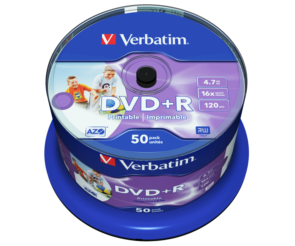 Диски DVD+R Verbatim, 4.7GB, 16x, prtintable, Cake Box 50 (50 штук)